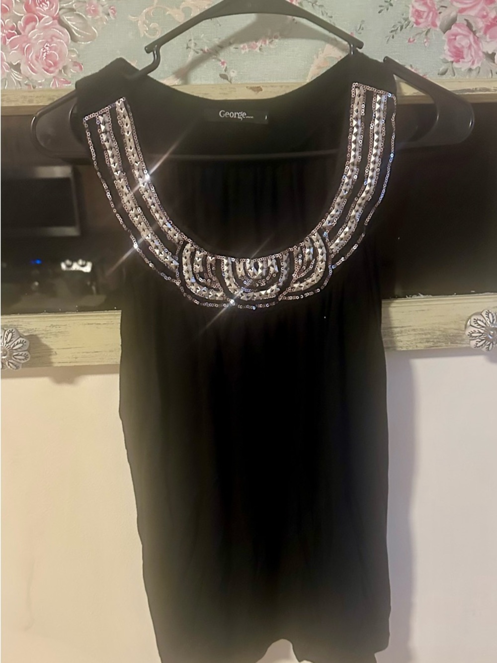 George Black Tank Top with Silver Sequin Embellished Scoop Neck